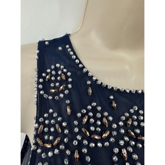 Cachet Navy Sleeveless Gown With Beaded Bodice Floor Length Prom Evening 12 - Picture 3 of 7